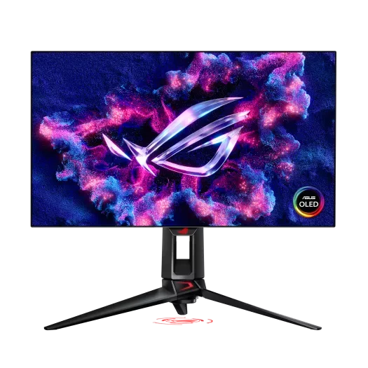 ASUS ROG Swift OLED PG27AQDM 27 inch QD-OLED gaming monitor on a tournament desk