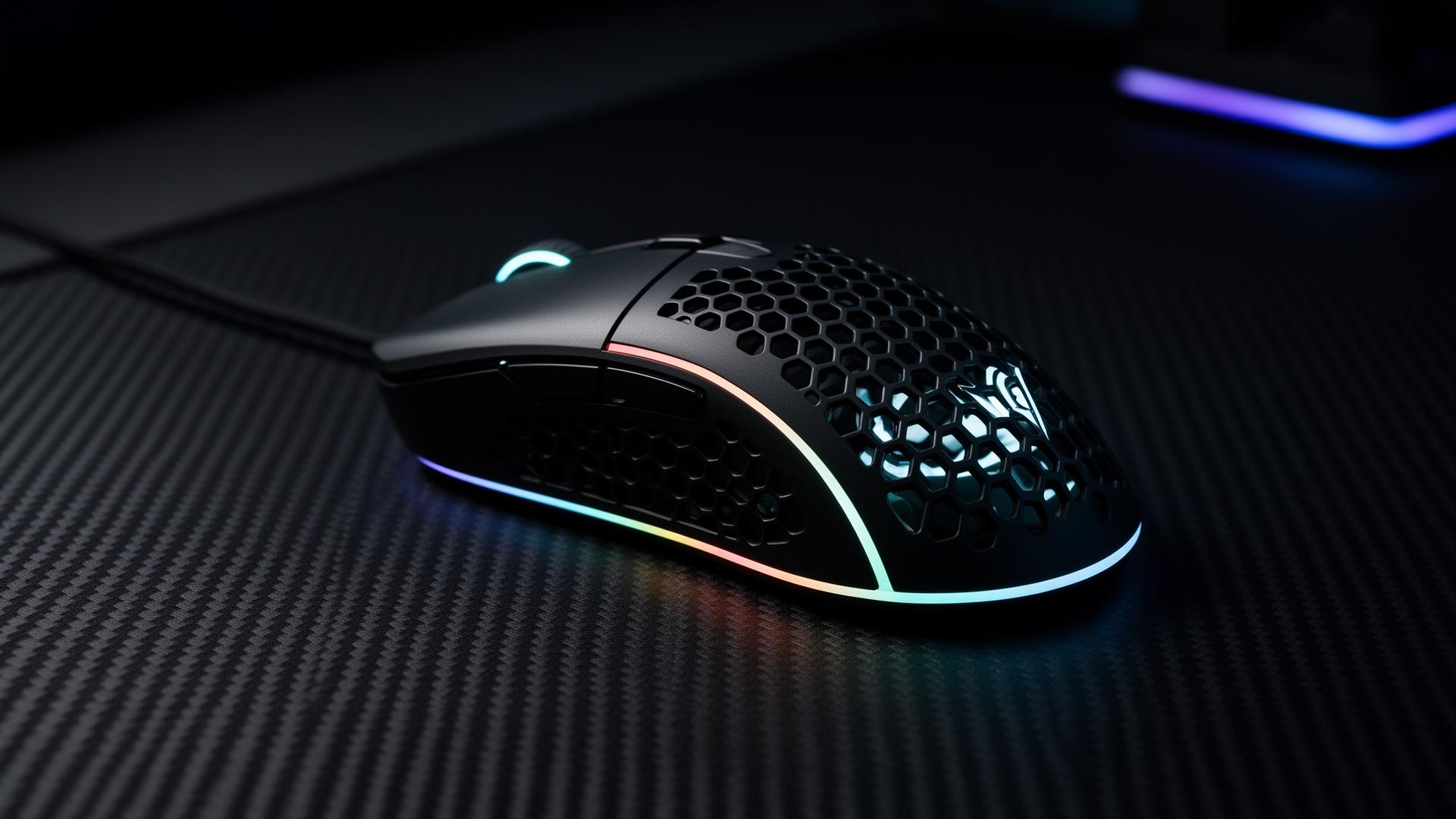 Lightweight pro esports gaming mouse with RGB underglow on a dark tournament desk