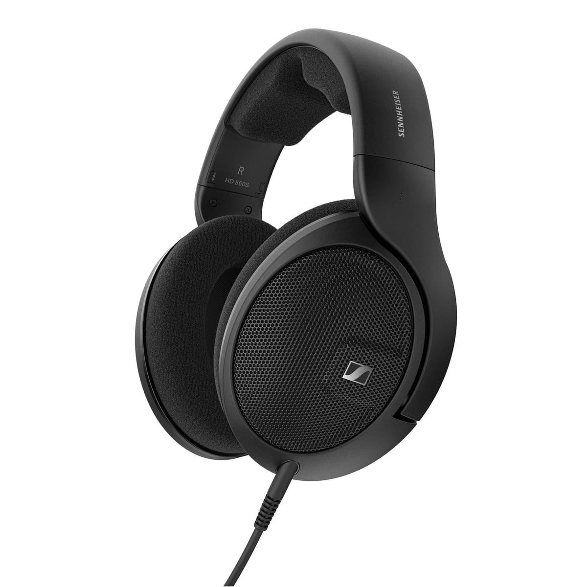 Sennheiser HD 560S open back headphones on a dark wood desk