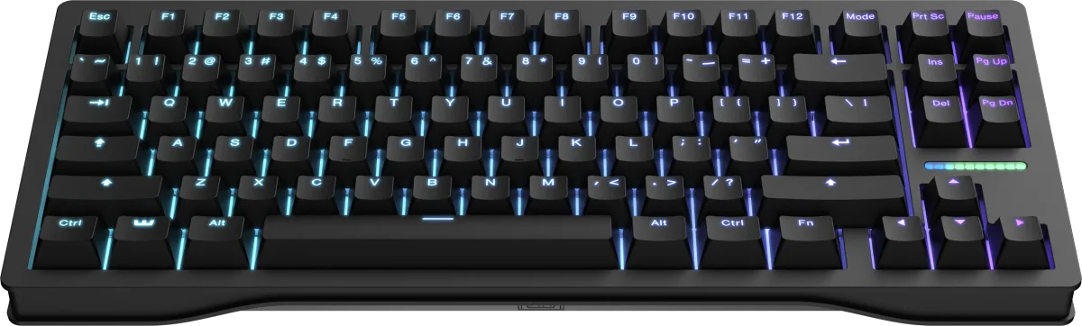Wooting 80HE Hall Effect mechanical keyboard photographed on a dark esports desk